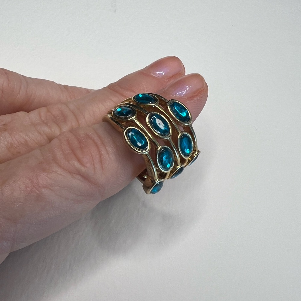 Gold and Blue Swirl Ring with Intricate Design Size 7